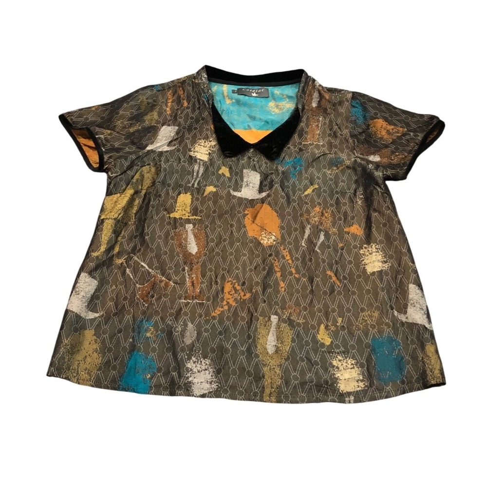 Cotélac Blouse Womens 2 Brown Abstract Graphic Print Silk Blend Short Sleeve Top